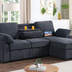  Brand New Sectional Pull Out Bed Fabric W/ Trade Cup Holder & USB Type C Outlet Storage Chaise $679