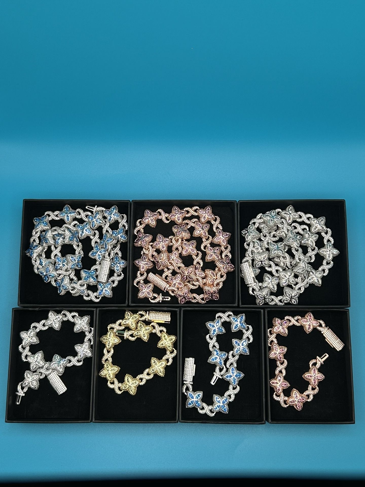 Flower 4 Leaf Clover Iced Out Premium Quality Chains & Bracelet Rose Gold Gold | Pink | Silver| Blue