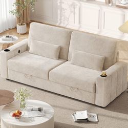88 Inch Velvet Sofa, Modern Couches with Storage, Dual-Port Charging, Cup Holders, Comfy Heightened Backrests, Easy Installation, Oversize Sofas with 