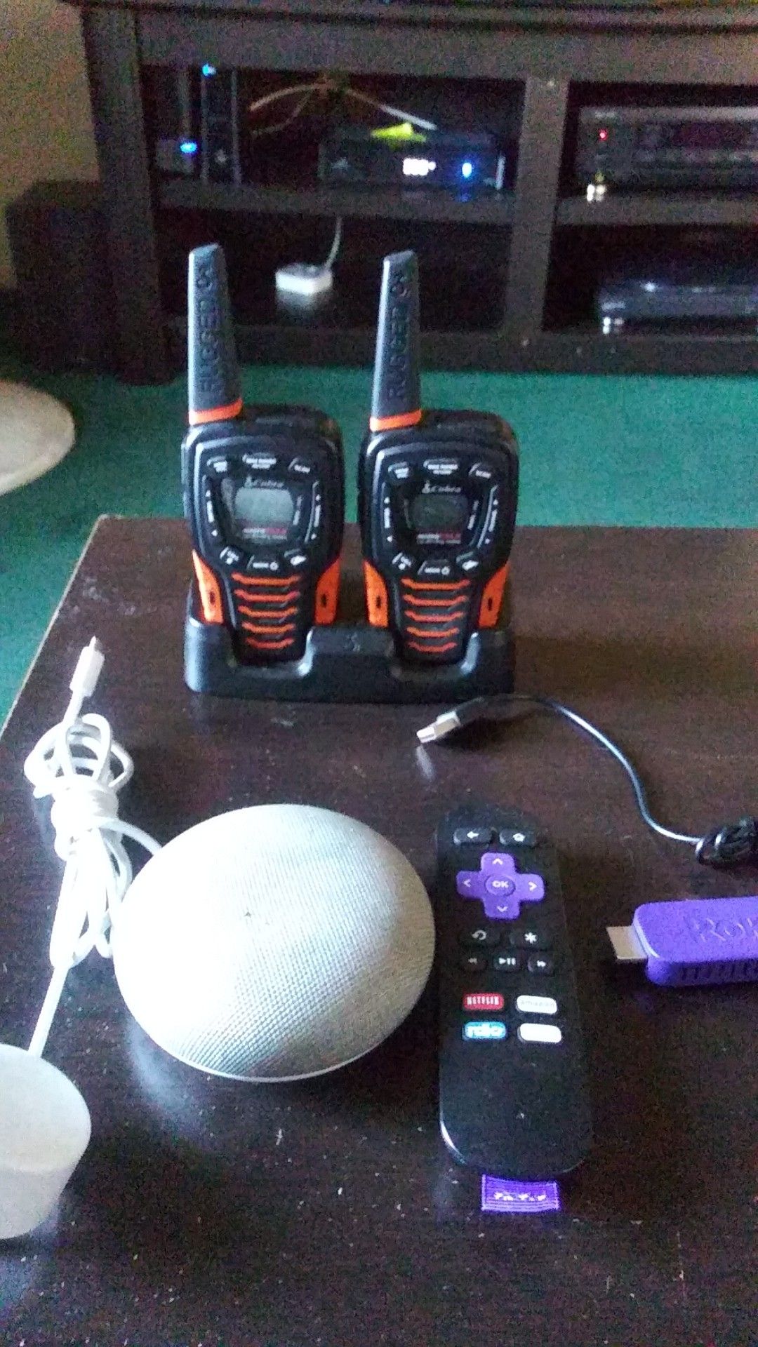 Google home mini, roku stick w/ remote, cobra 22 channel long range walkie talkies (35 mile range)