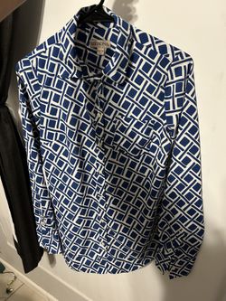XS Women’s Blue And White Diamond Button Up Shirt Blouse 