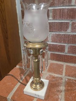 Brass Crystal Prism Table Lamp with Etched Glass Shade