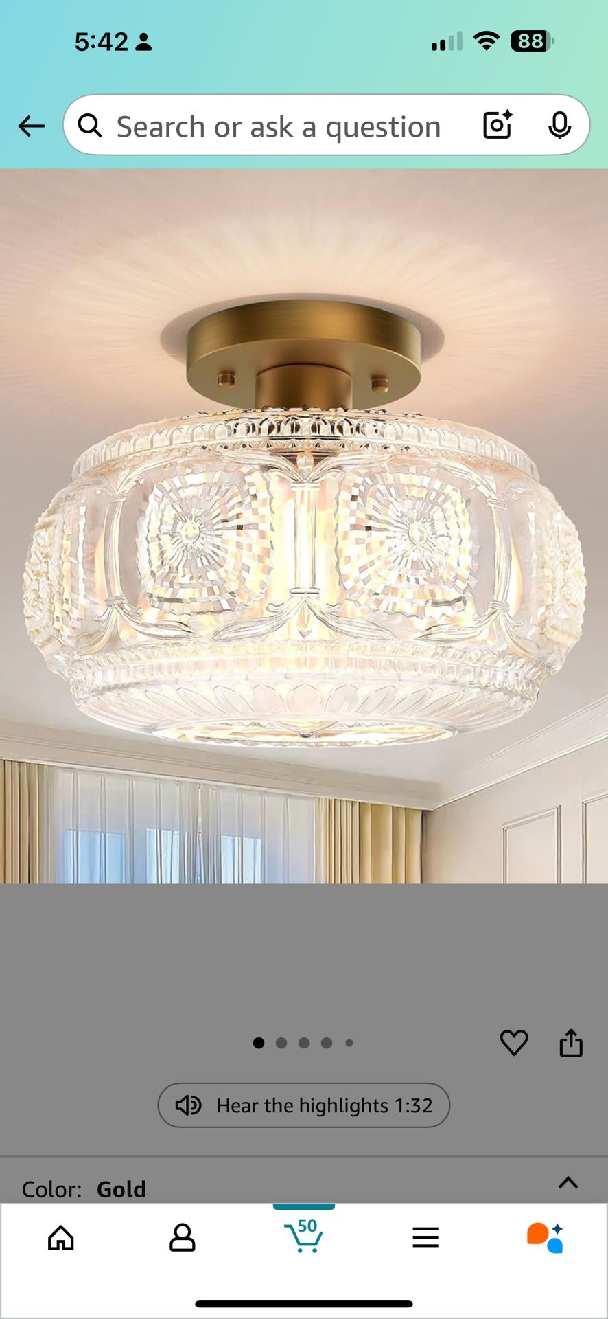 Semi Flush Mount Ceiling Light, Upgraded Larger Gold Glass Ceiling Light Fixture, Vintage Lighting for Hallway Kitchen Bedroom Dining Room, Bulb Not I