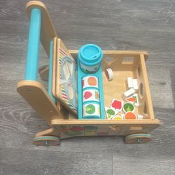 Melissa & Doug Wooden Shape Sorting Grocery Cart Push Toy and Puzzles