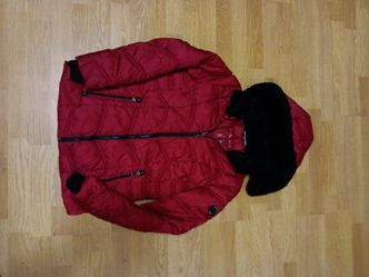Nautica Red Quilted Puffer Jacket with Faux Fur Hood