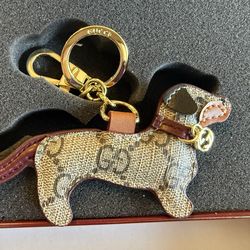 Gucci Dog Charm Key Chain, Gold Hardware, Brown Monogram, Logo Print