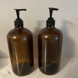 2 Amber Glass Bottles w/ Pump Dispensers - Kitchen-Bath-soap-lotion