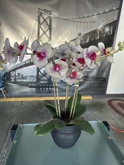Faux Orchid Arrangement in Gray Pot