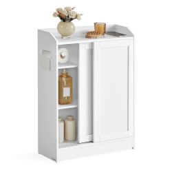 Slim Bathroom Storage Cabinet, Sliding Doors, Cloud White Adjustable Shelves，Toilet Paper Holder, Brush Compartment, 23.6 x 7.9 x 31.5 Inches, SIREN C