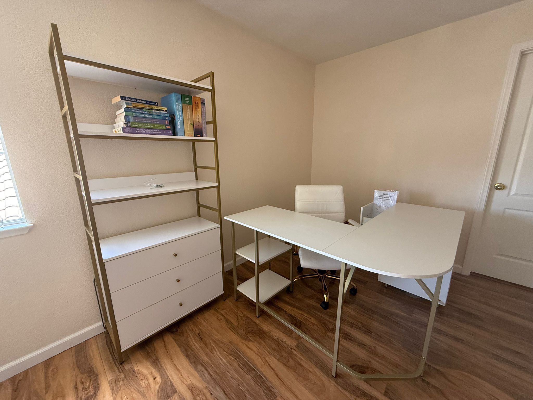 L Shape Desk, Chair And Book Shelf