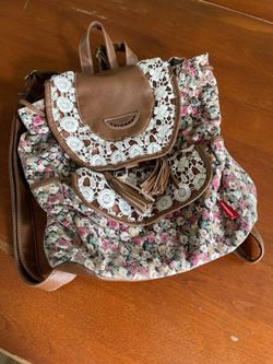 UNIONBAY Boho Floral Canvas Mini Backpack White Crochet Lace Tassel Festival Bag