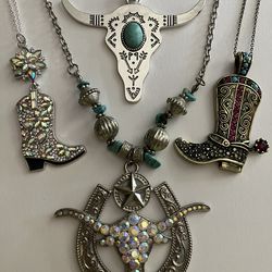 4 x Large Western Cowgirl Rhinestone Pendant Necklace Lot - Southwest Jewelry - Longhorn Boots Horse
