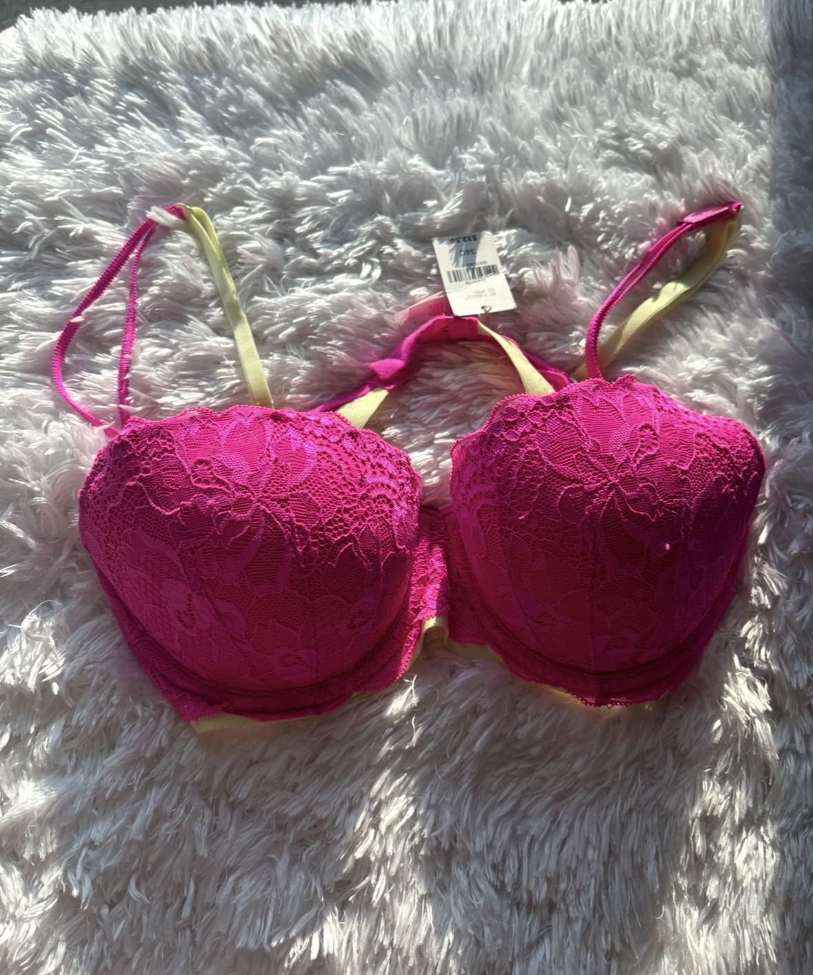 Victoria's Secret Plunge Bright Pink Floral Lace Underwire Bra Size 34C