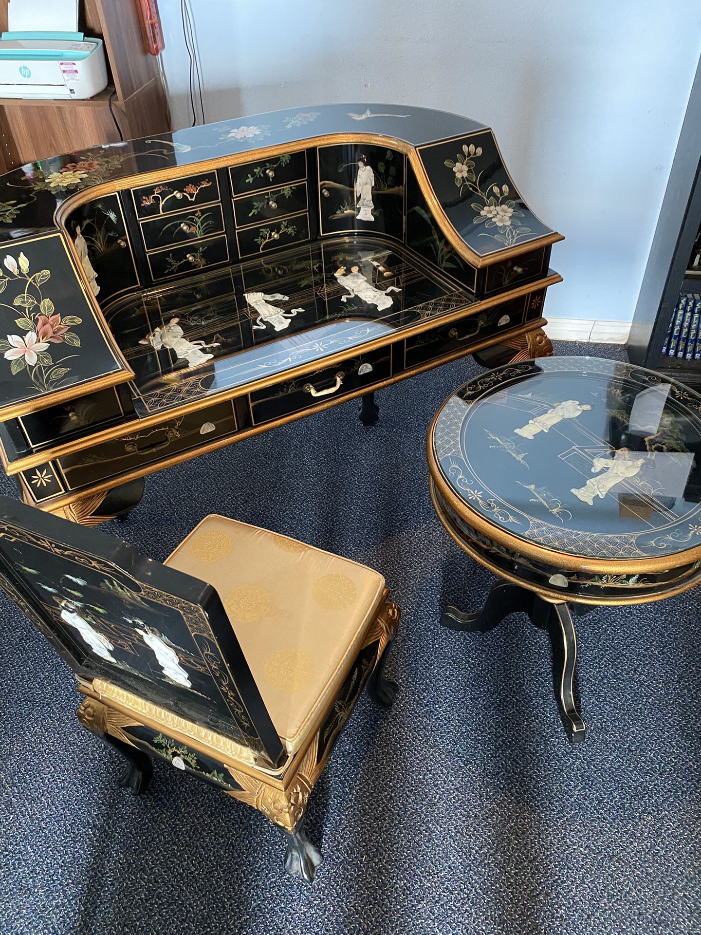 Oriental furniture black lacquer desk with chair and table