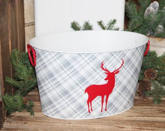 NEW Adorable Gray White Plaid Farmhouse Christmas Reindeer Bucket Tub
