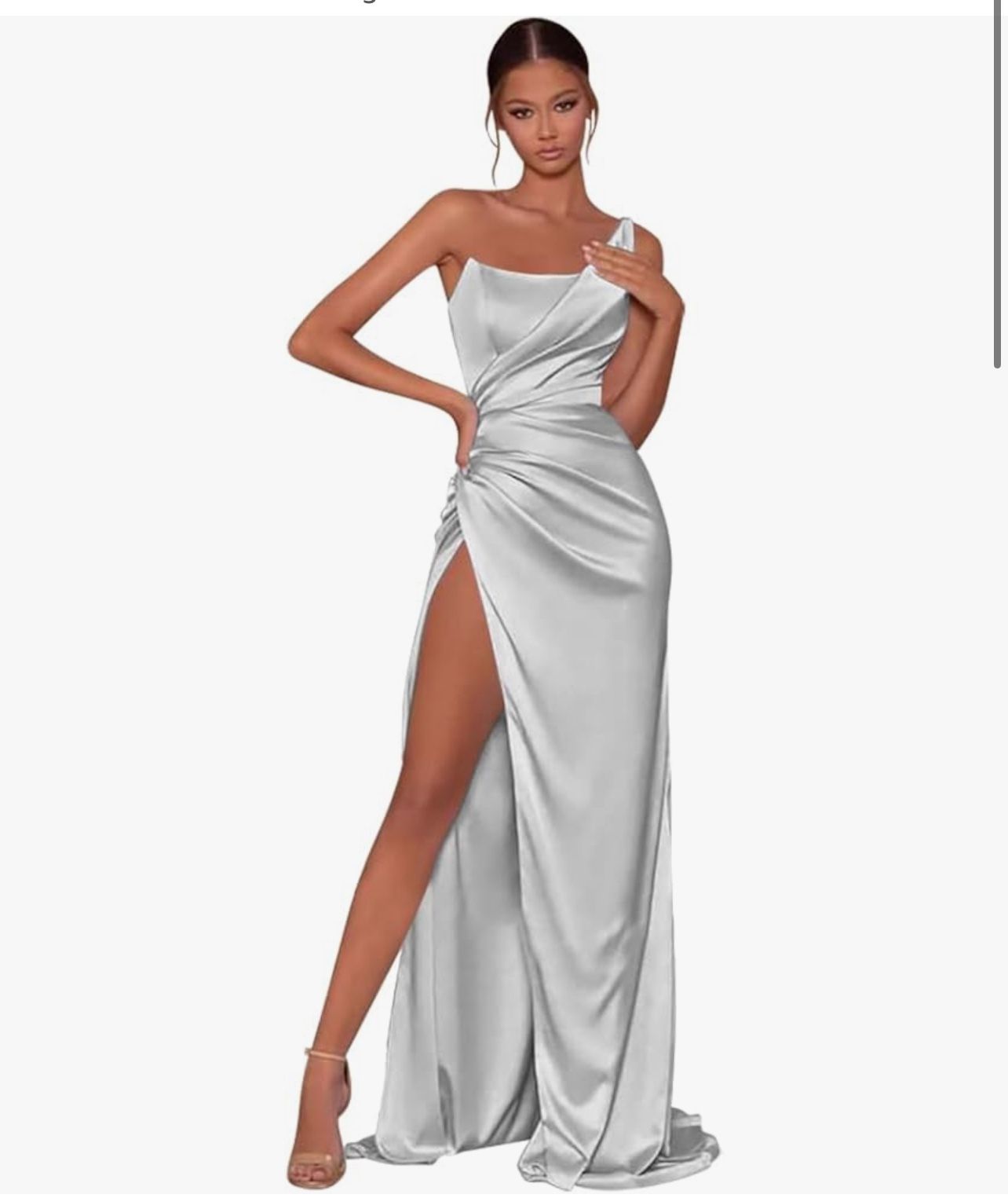 One Shoulder Prom Dresses with Slit Pleated Satin Mermaid Formal Evening Dress