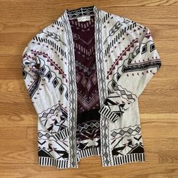 Pink Republic Open Cardigan Women’s Large Burgundy Cream Black Aztec Geometric