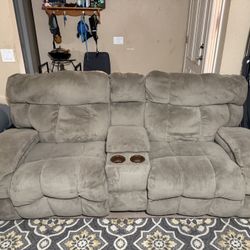 Comfortable Grey Loveseat/Couch Recliner w/Drink Holders/Compartment
