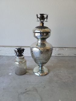 Vintage Silver Mercury Glass Jars with Ornate Floral Tops – Set of 2