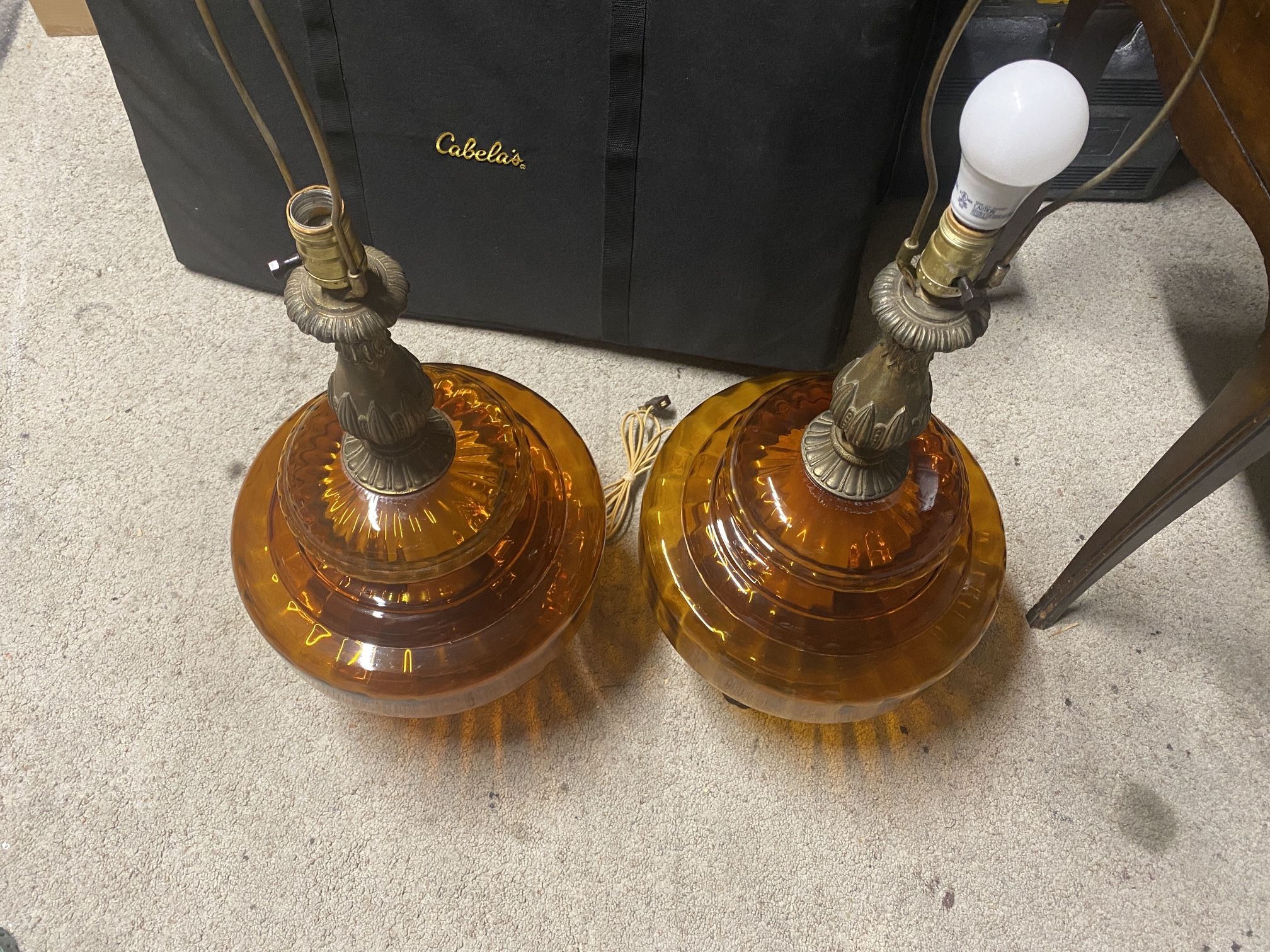 Pair Of Vintage Amber Glass Lamps