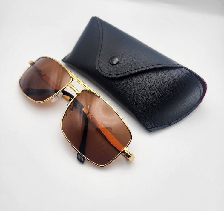 Brown Polarized Men Classic Rectangular Fancy Luxury Metal Sunglasses Gold Plated