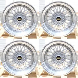 New 17 Inch BBS Super RS Style Wheels 17x8.5/10 +15 5x100/5x114.3 Silver Machined Lip Rims Set of 4