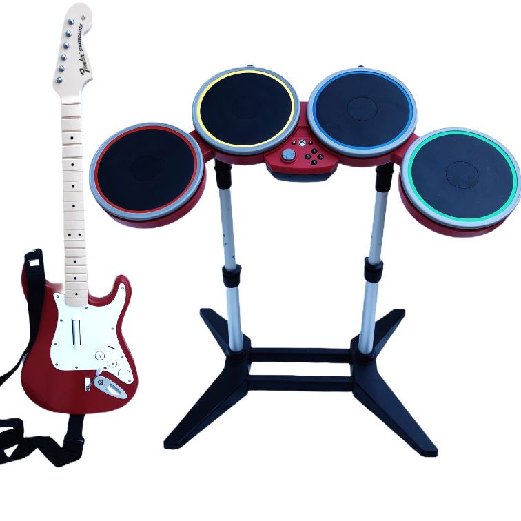 Rock band band in a box drum set and fender Stratocaster Xbox one guitar