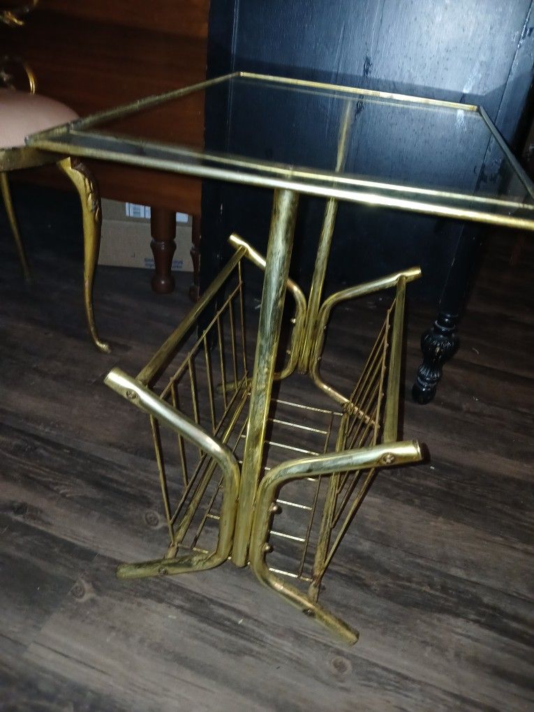 Mid Century Modern Atomic Gold Metal Glass Side Table With Store