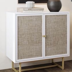 White Rattan 2-Door Cabinet, Shelf Inside, Gold Accents