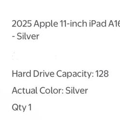 2025 Apple 11-inch iPad A16 Wi-Fi 128GB - Silver Hard Drive Capacity: 128 Actual Color: Silver 