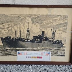 WWII US Navy USS Wheatland AKA-85 Lithograph Print w/ Ribbon Plaque - 1944