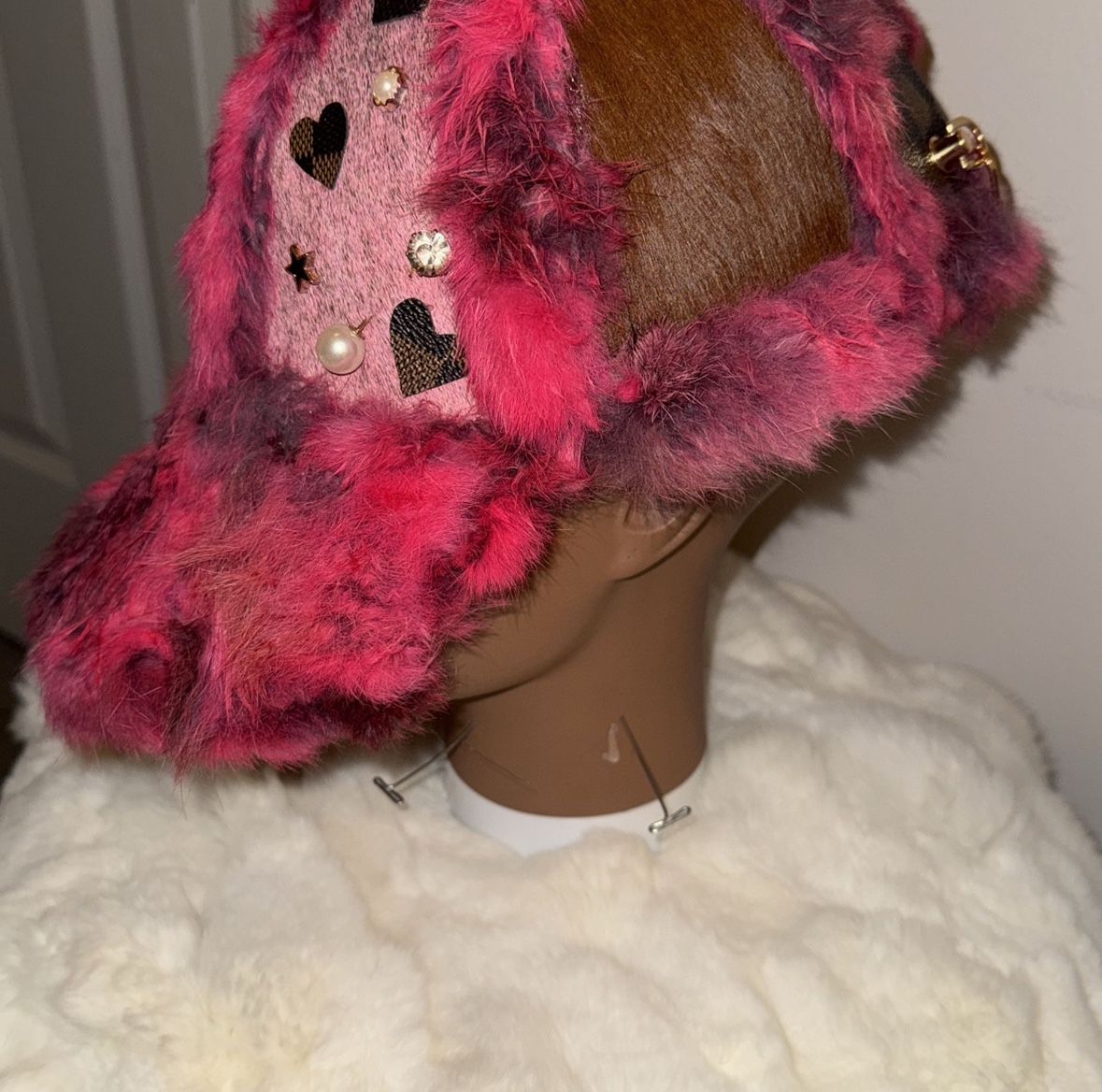 💕🤎Pink & Brown Custom Fur  Cap With Brim🤎💕