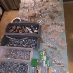 STAINLESS STEEL SCREWS, BRACKETS, HINGES, CONDUIT, DOOR STOPPERS, SHELF BRACKETS, UNOPENED BAGS OF RANDOM BRACKETS, SCREWS, WASHERS, NUTS, AND MORE