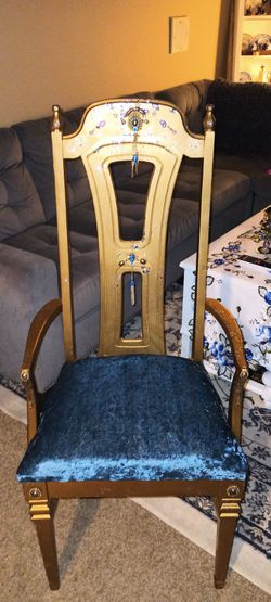 One Of  A Kind Chair.  A Shiny Matt Gold With Soft Blue Cushion. Thumbnail