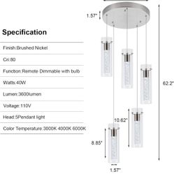 Pendant Light fixtures,5-Light Kitchen Island Pendant Lights, 40W CRI 80+, 3400lm Remote Dimmable Tri-Color with Brushed Nickel Finish for Dinning Roo