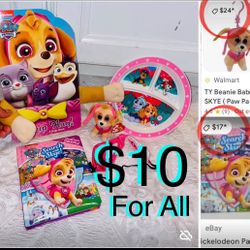 $10 For All Paw Patrol Skye Puppy collection TY Beanie Plushy, Books,Plate,mask