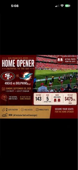 2-49ers home opener amazing lower level 2nd row aisle seats!
