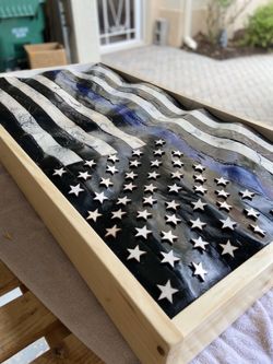 Wood blue line American flag solid wood .