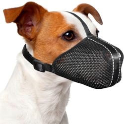 Dog Muzzle for Small Medium Large Dogs, Durable Air Mesh Fabric Soft Dog Mouth Guard, Breathable Drinkable with Adjustable Straps & Buckle, No Bit Bar