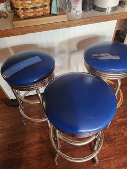 3 retro bar stools,  blue vinyl tops