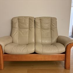 Modern Beige Leather Reclining 2 Seater With Wooden Base 