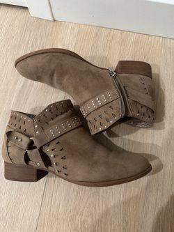 Tan Suede Ankle Boots with Studded Straps