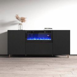 Modern Black Fluted TV Stand with Electric Fireplace
