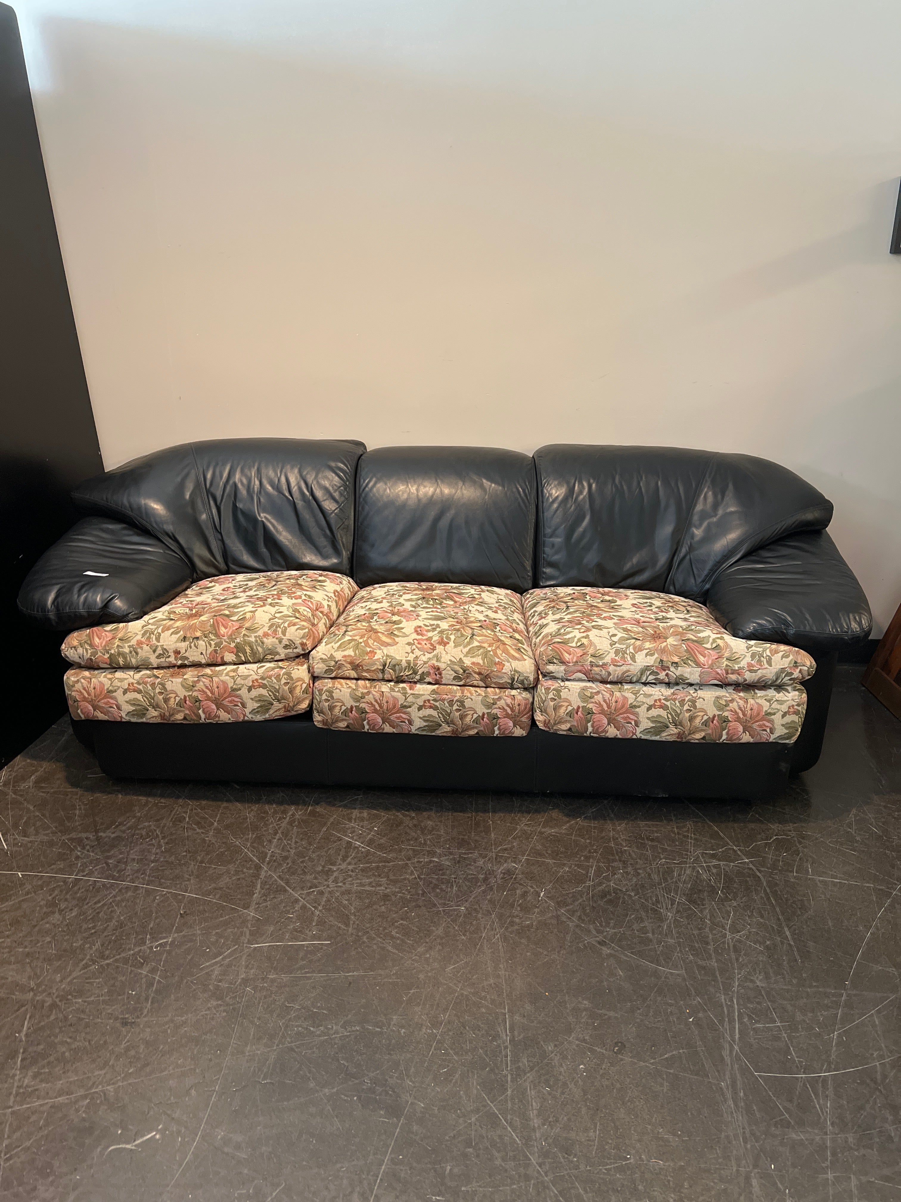 Emerson Leather Black Sofa with Reupholstered Floral Cushions