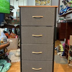 Storage Tower with 4 Drawers - Fabric Dresser, Organizer Unit- Gray Color And Brown Wood