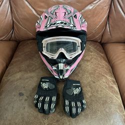 Girls Pink HJC Dirt Bike Helmet W/ Goggles And Gloves