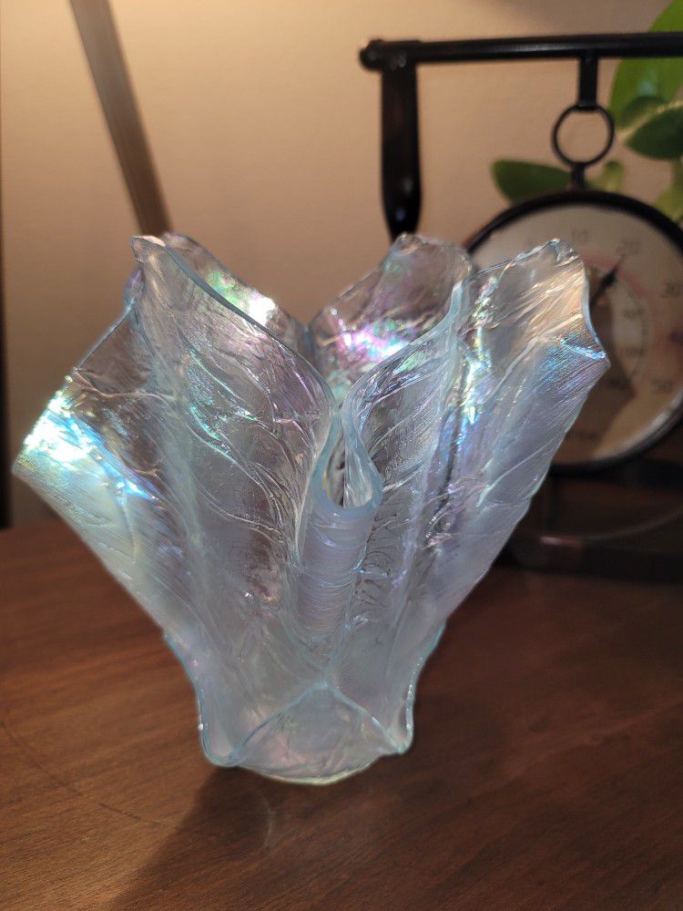 Opalescent Art Glass Handkerchief Vase with Strong Iridescence. Made in Italy.