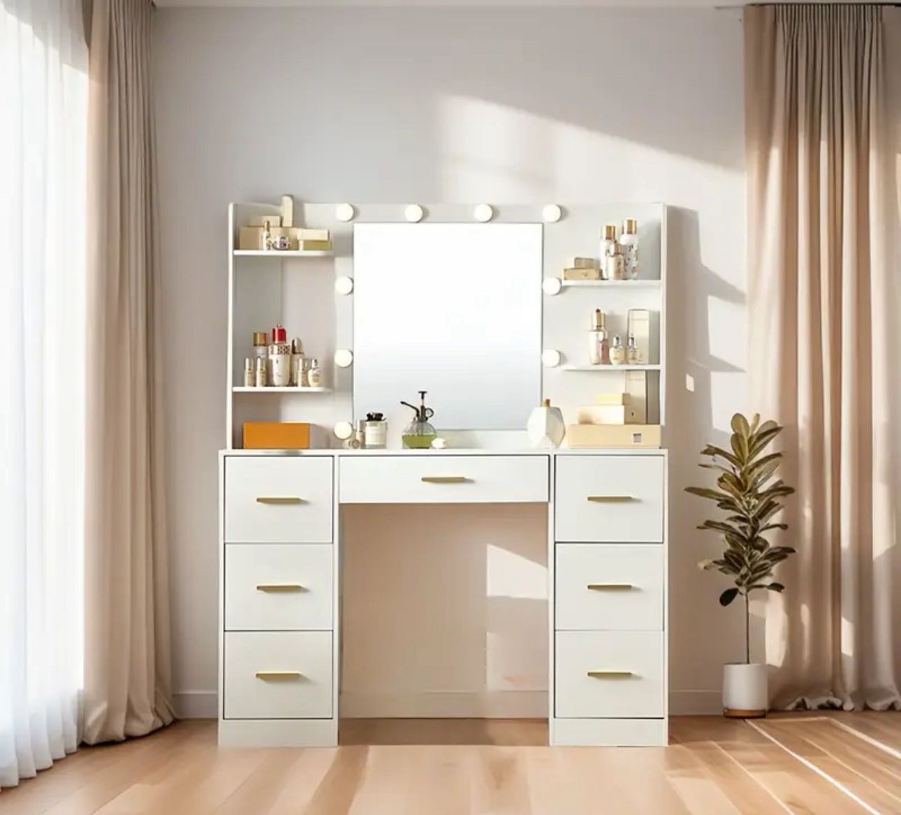Contemporary Makeup Vanity Desk with Built-in Mirror