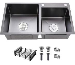 Black Double Bowl Kitchen Sink, Drop ln 30.7x16.9In Nano-Coated Stainless Steel Topmount Bar Kitchen Sink with Drain Assembly(7843)