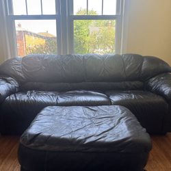 Black Leather Sofa with Ottoman